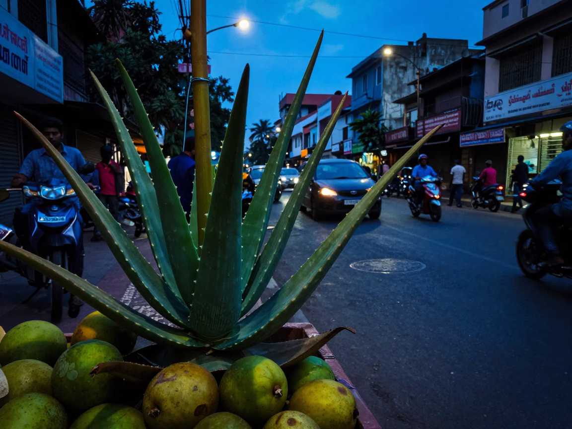 Evening Street Scene in Chennai India with Aloe Vera Plant and Pomegranate Seeds in in Chennai, India