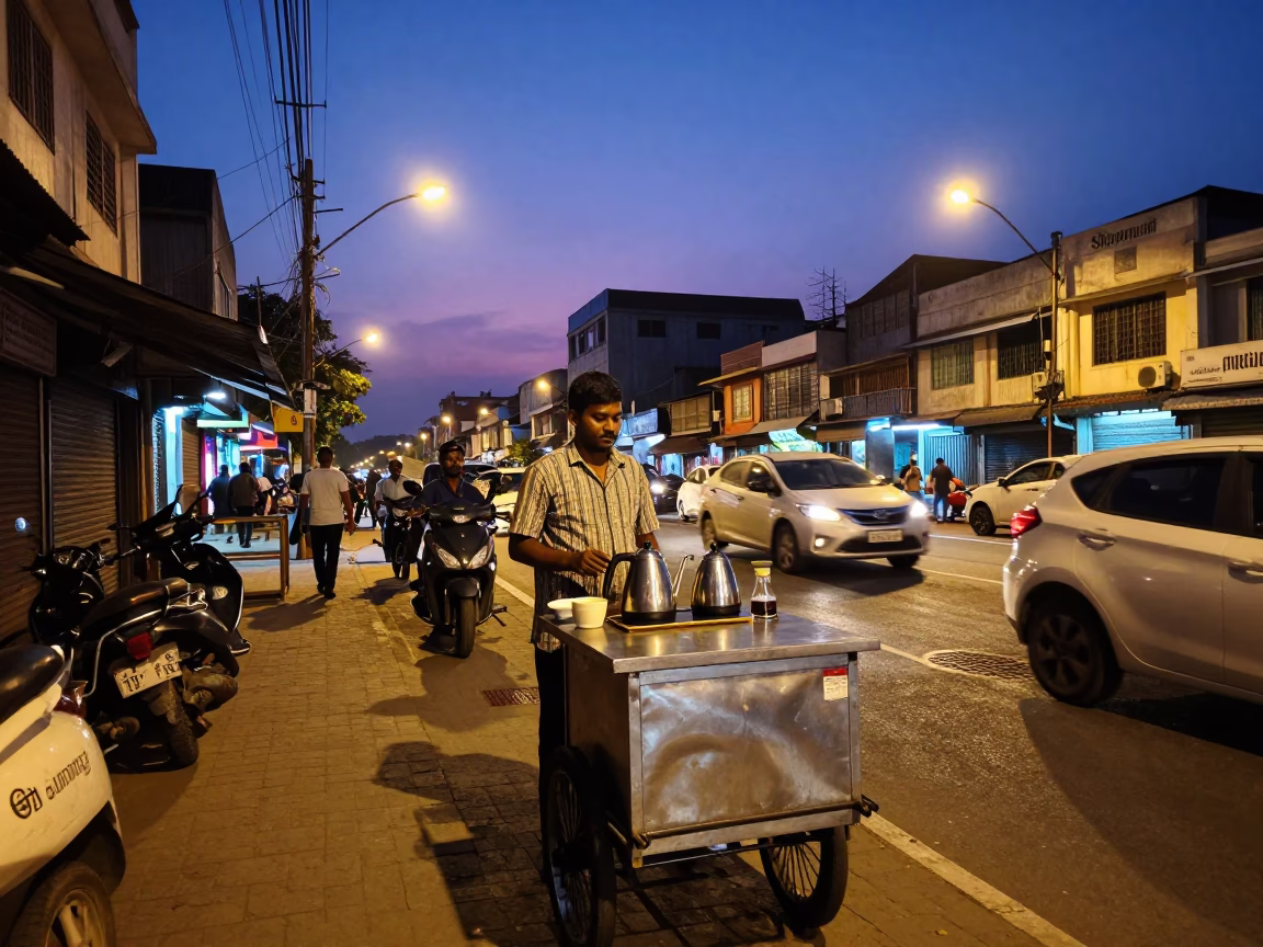 Evening Street Scene in Chennai India with Electric Kettle and Coffee Tin in in Chennai, India