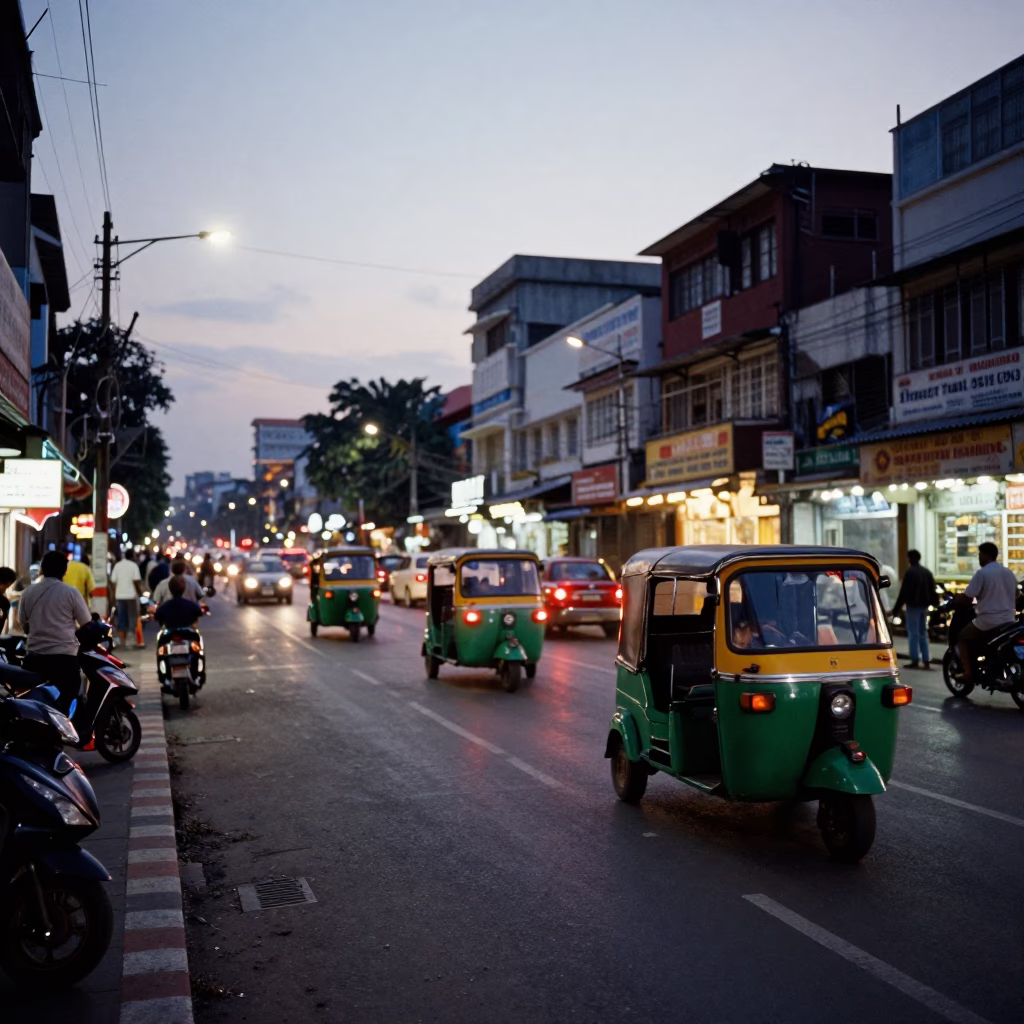 Evening Street Scene in Chennai India with Electric Lights and Local Traffic in in Chennai, India