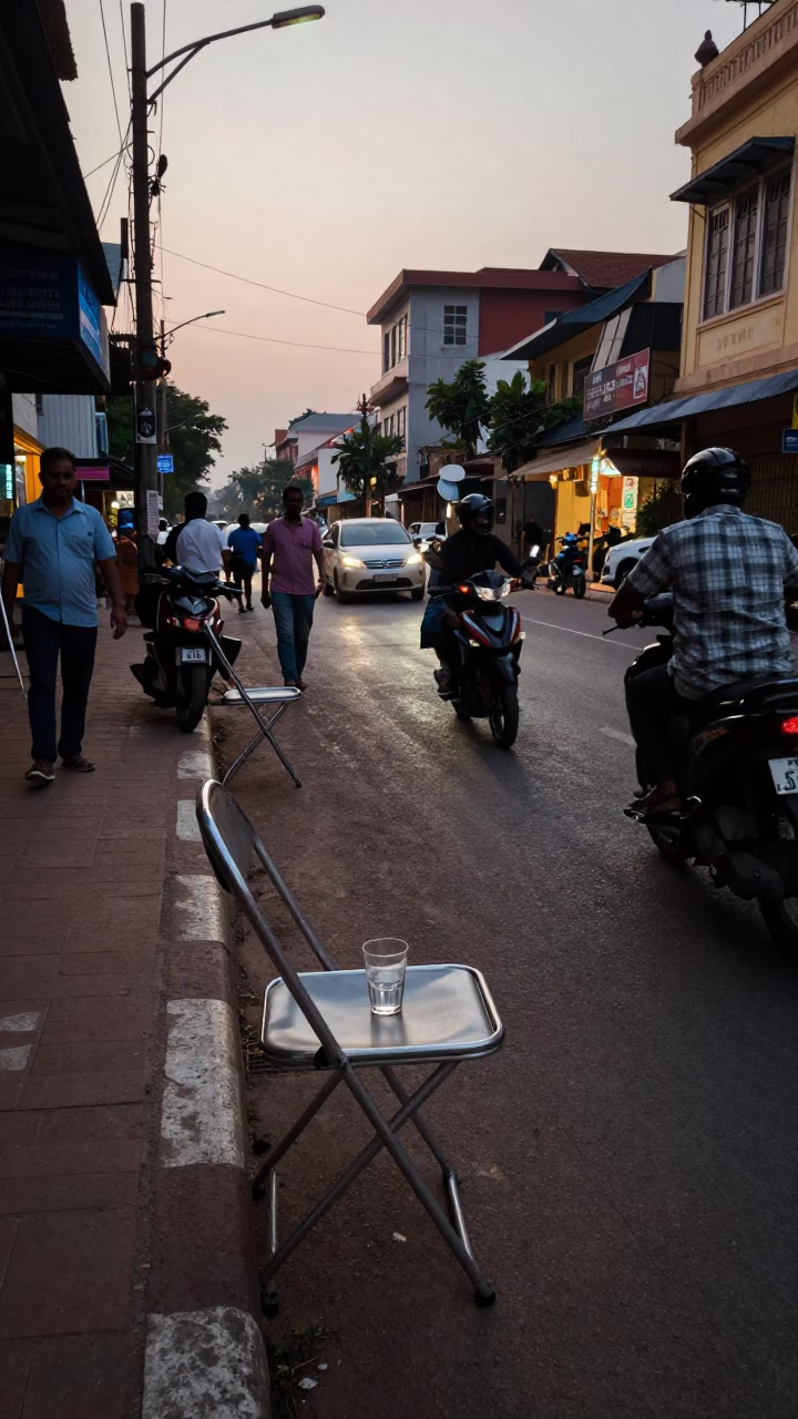 Evening Street Scene in Chennai India with Folding Chair and Glass Edge in in Chennai, India