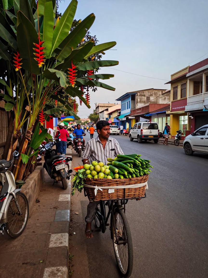 Evening Street Scene in Chennai India with Heliconia and Local Life in in Chennai, India