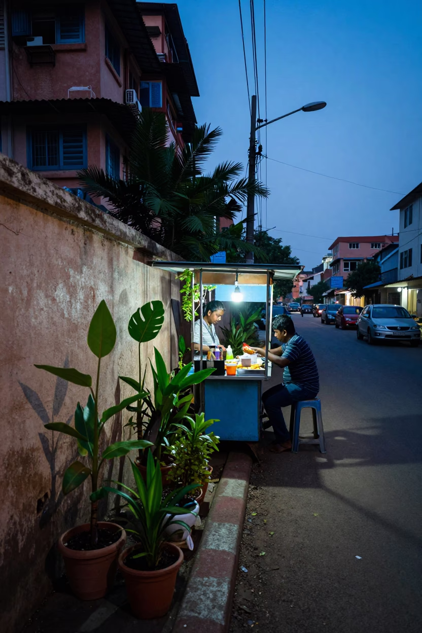 Evening Street Scene in Chennai India with Houseplants and Urban Life in in Chennai, India