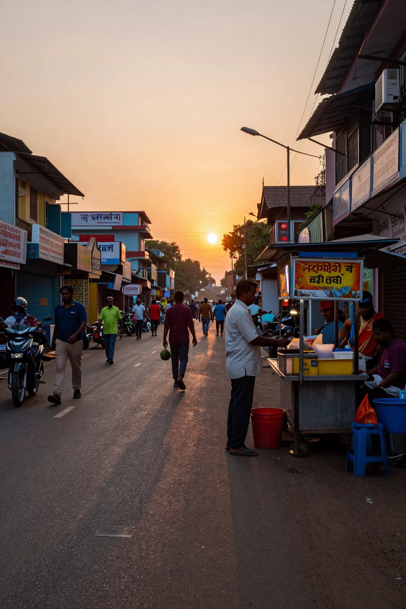 Evening Street Scene in Chennai India with Local Vendor and Pedestrians in in Chennai, India