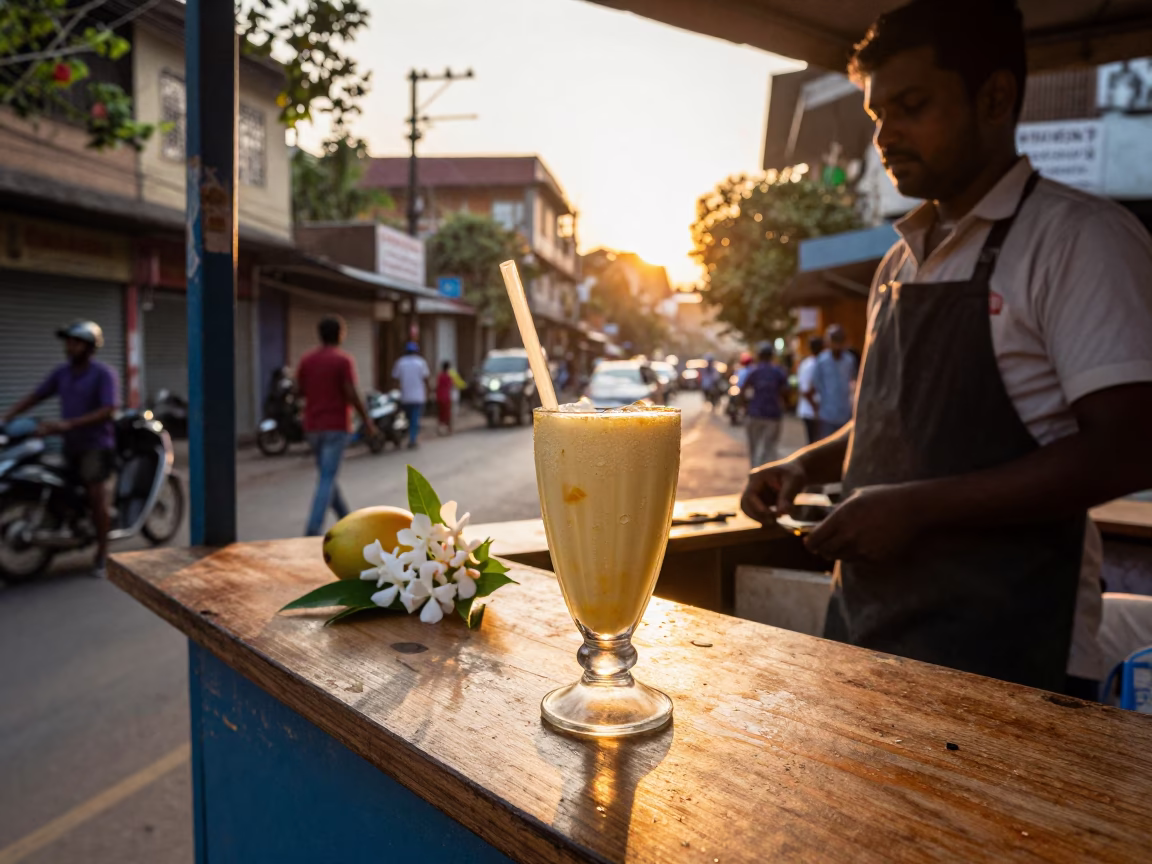Evening Street Scene in Chennai India with Mango Lassi and Geraniums in in Chennai, India