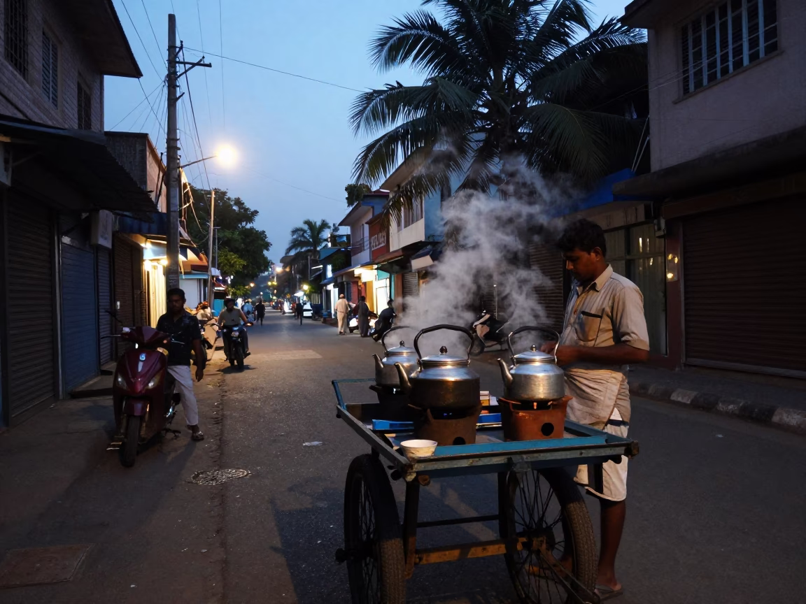 Evening Street Scene in Chennai India with Tea Kettles and Palm Trees at Dusk in in Chennai, India