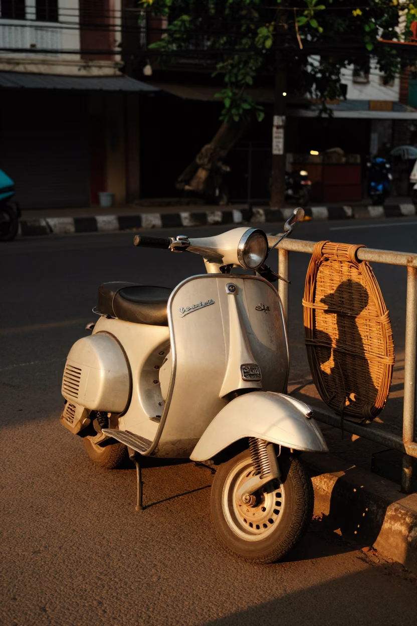 Evening Street Scene in Chennai India with Vintage Vespa and Wicker Shadow on Railing in in Chennai, India