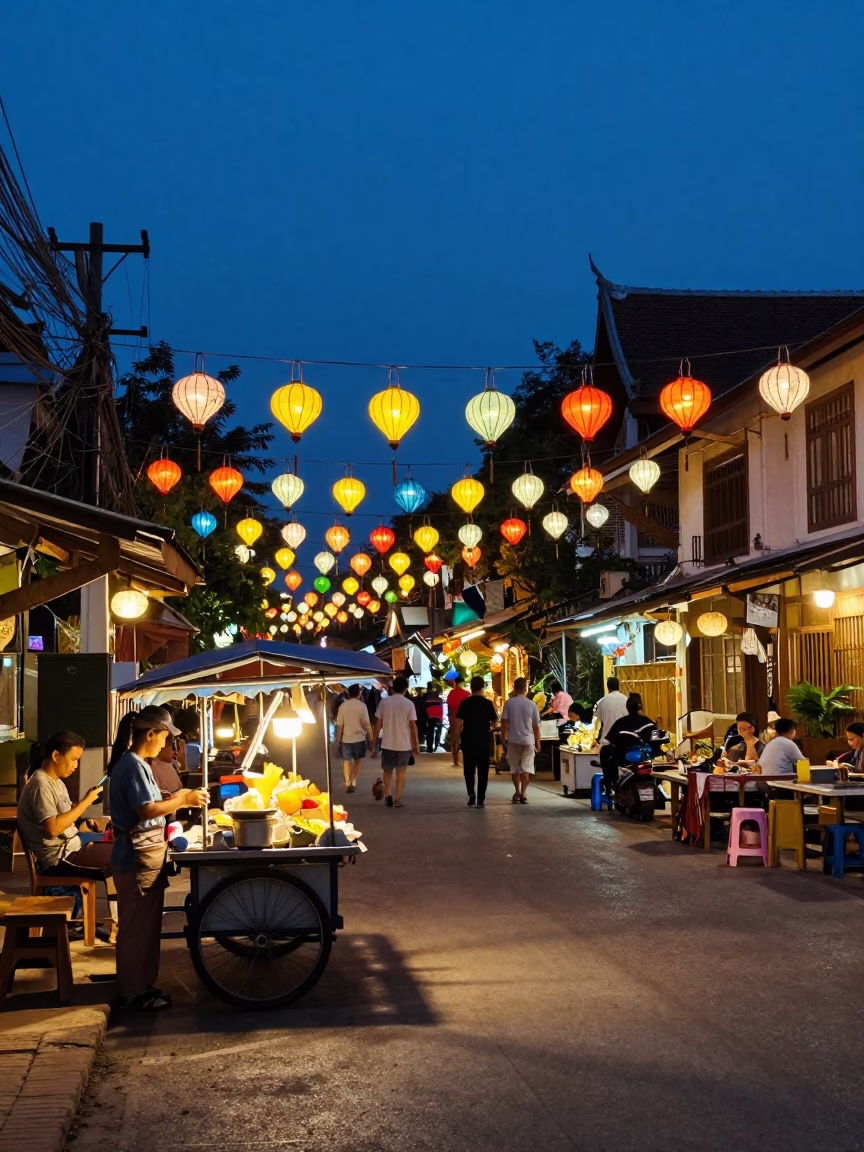 Evening Street Scene in Chiang Mai Thailand with Colorful Lanterns and Local Market Activity in in Chiang Mai, Thailand