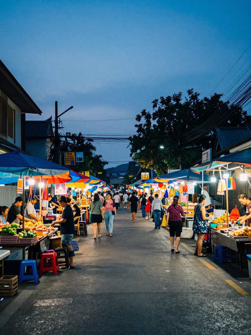 Evening Street Scene in Chiang Mai Thailand with Colorful Vendor Stalls and Local Life in in Chiang Mai, Thailand