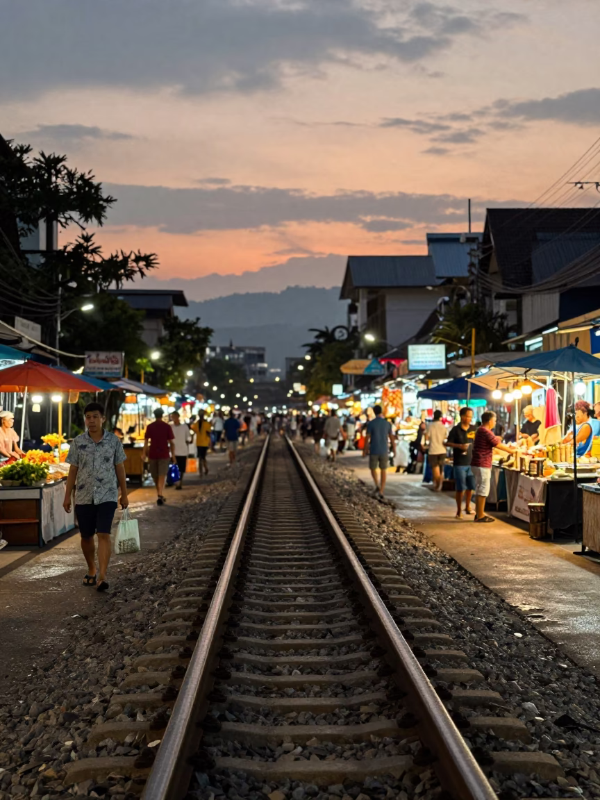 Evening Street Scene in Chiang Mai Thailand with Condensation on Rail and Porcelain Jar in in Chiang Mai, Thailand