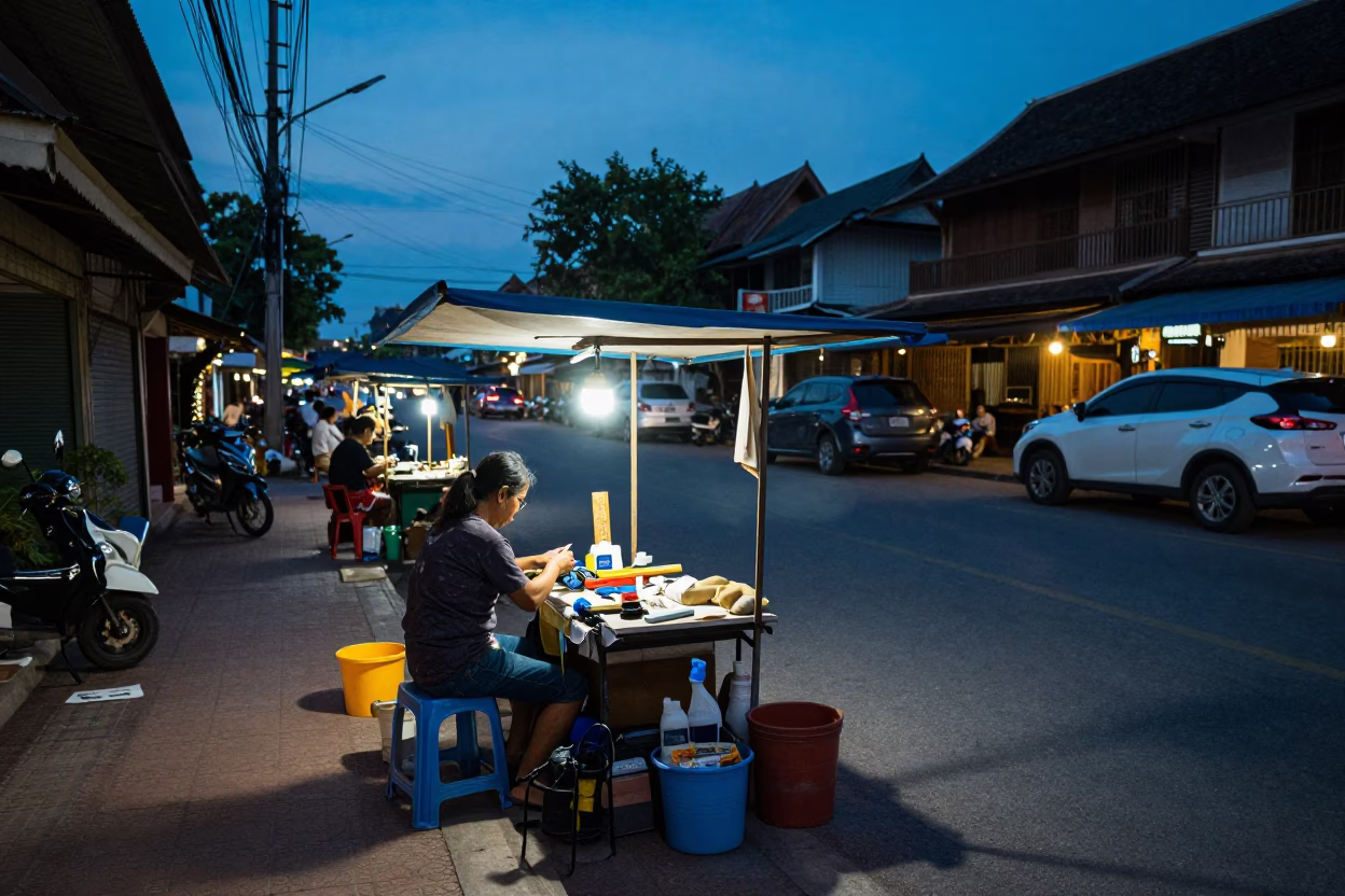 Evening Street Scene in Chiang Mai Thailand with Tailor Shears and Local Commerce in in Chiang Mai, Thailand