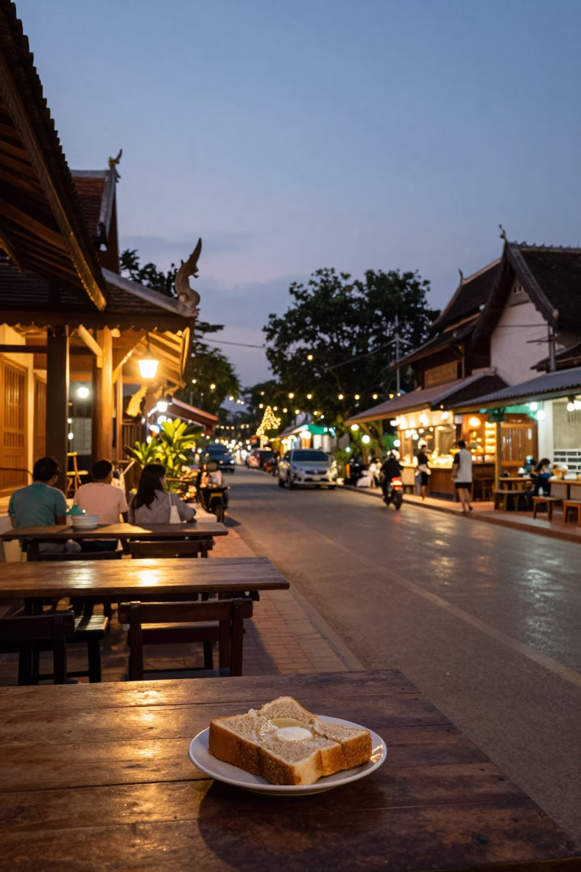 Evening Street Scene in Chiang Mai Thailand with Traditional Lanna Architecture and Local Diners in in Chiang Mai, Thailand