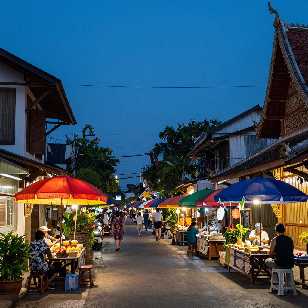 Evening Street Scene in Chiang Mai Thailand with Umbrellas and Traditional Elements in in Chiang Mai, Thailand