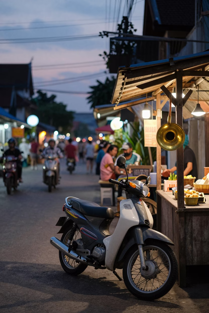 Evening Street Scene in Chiang Mai Thailand with Vintage Motorcycle and Brass Details in in Chiang Mai, Thailand