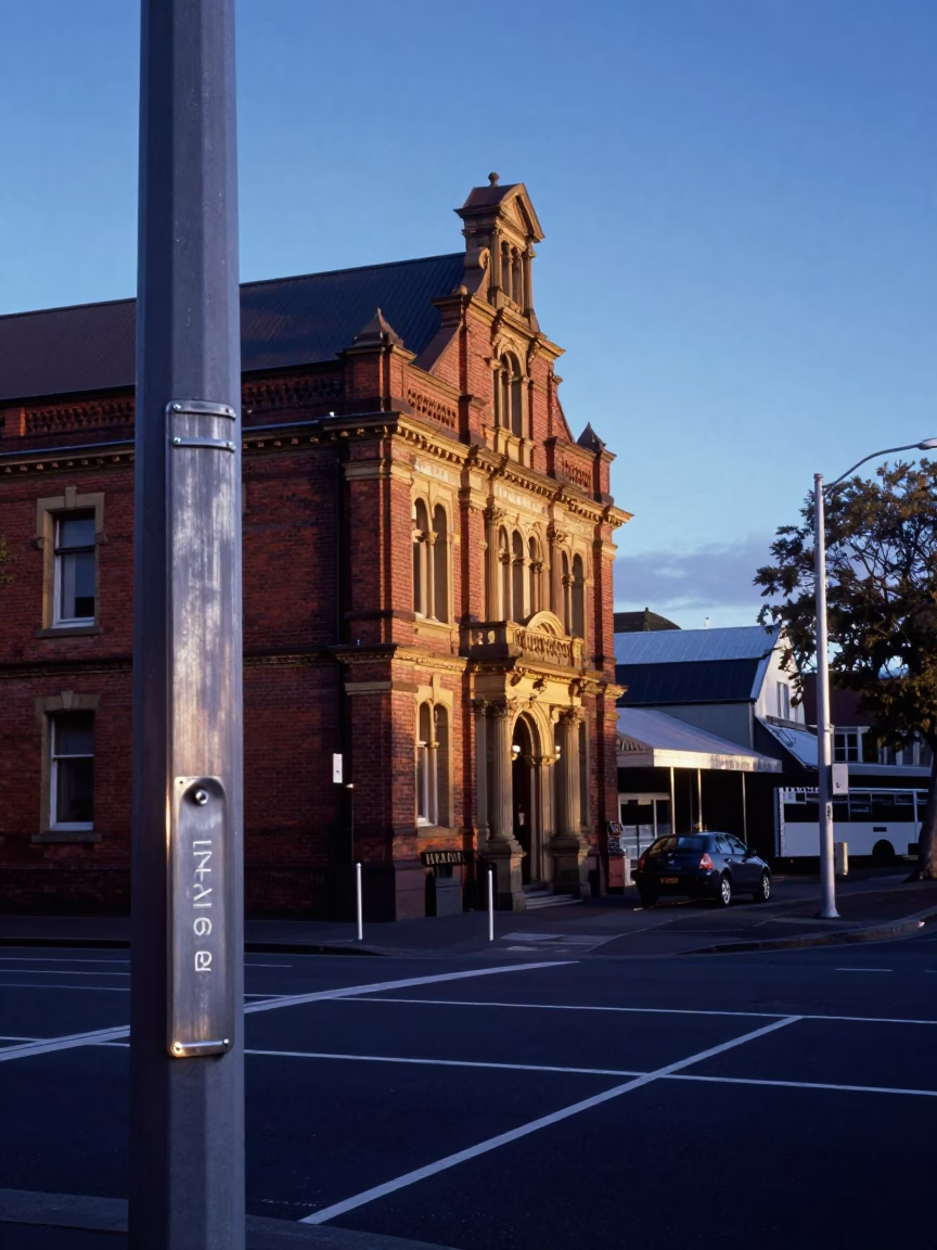 Evening Street Scene in Christchurch New Zealand with Brushed Steel Handle and Blue Porcelain in in Christchurch, New Zealand