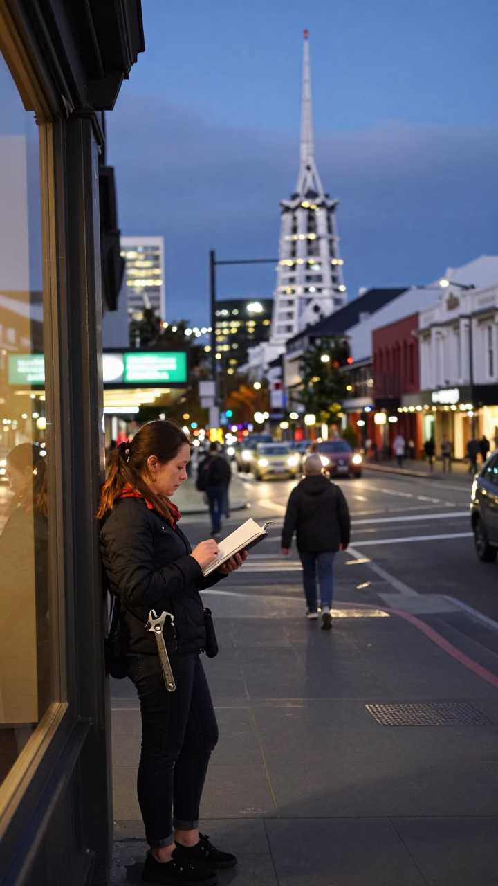 Evening street scene in Christchurch New Zealand with city lights glowing and local details in in Christchurch, New Zealand