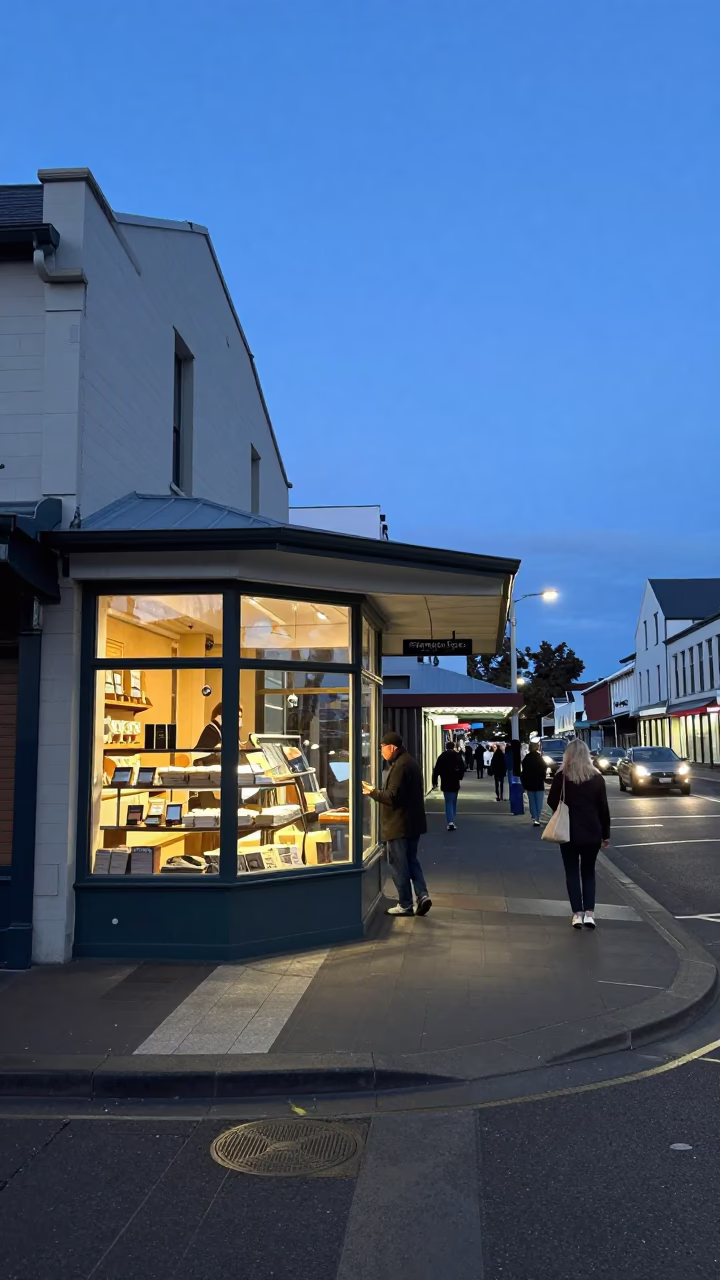 Evening Street Scene in Christchurch New Zealand with Local Shopkeeper and Customers in in Christchurch, New Zealand