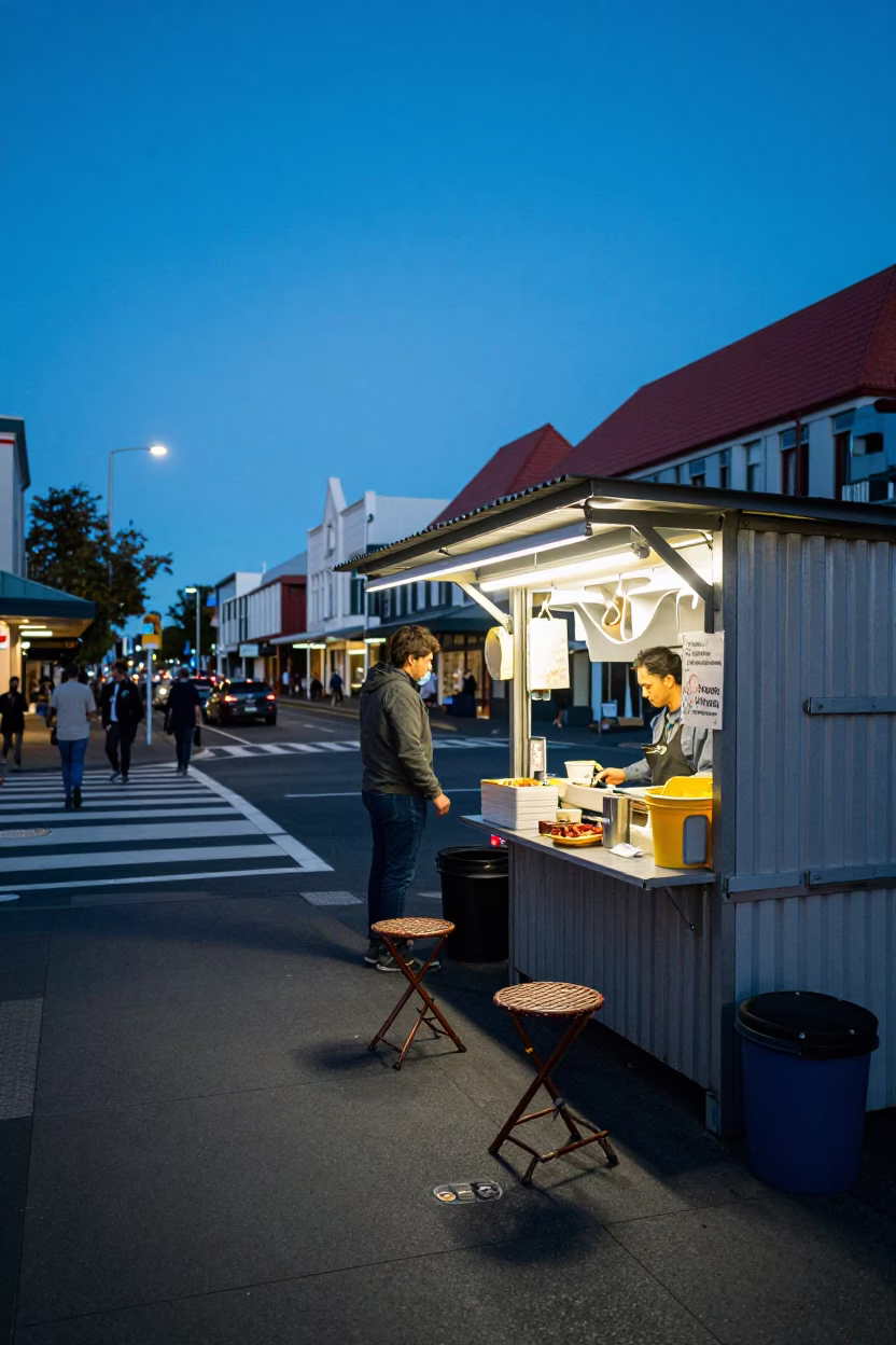 Evening Street Scene in Christchurch New Zealand with Vintage Folding Stools in in Christchurch, New Zealand