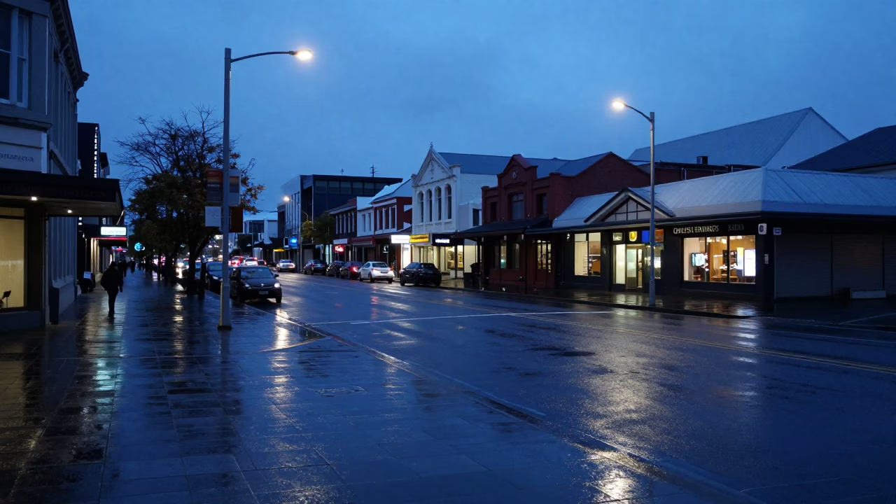 Evening Street Scene in Christchurch New Zealand with Wet Pavement and Urban Details in in Christchurch, New Zealand