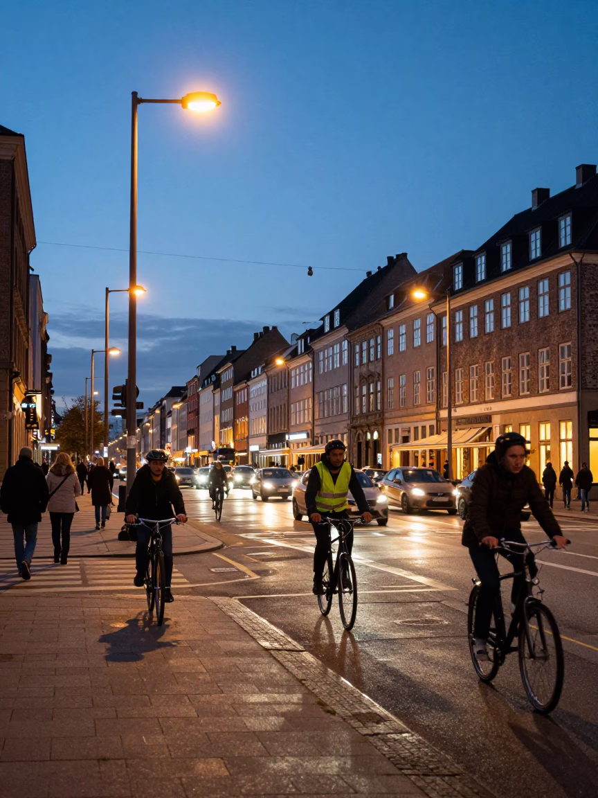 Evening Street Scene in Copenhagen Denmark with Cyclists and City Lights in in Copenhagen, Denmark