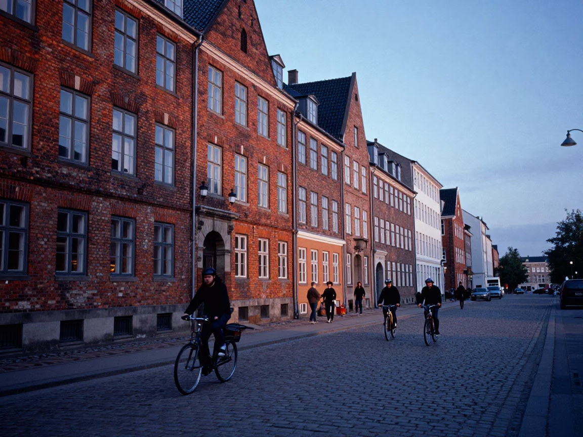 Evening Street Scene in Copenhagen Denmark with Cyclists and Historic Brick Architecture in in Copenhagen, Denmark