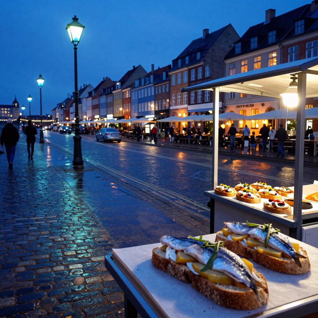 Evening street scene in Copenhagen with traditional smørrebrød and pebble beach rowboat in in Copenhagen, Denmark