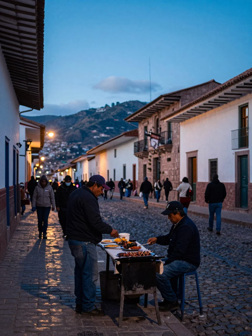 Evening Street Scene in Cusco Peru with Anticuchos and Local Dining in in Cusco, Peru