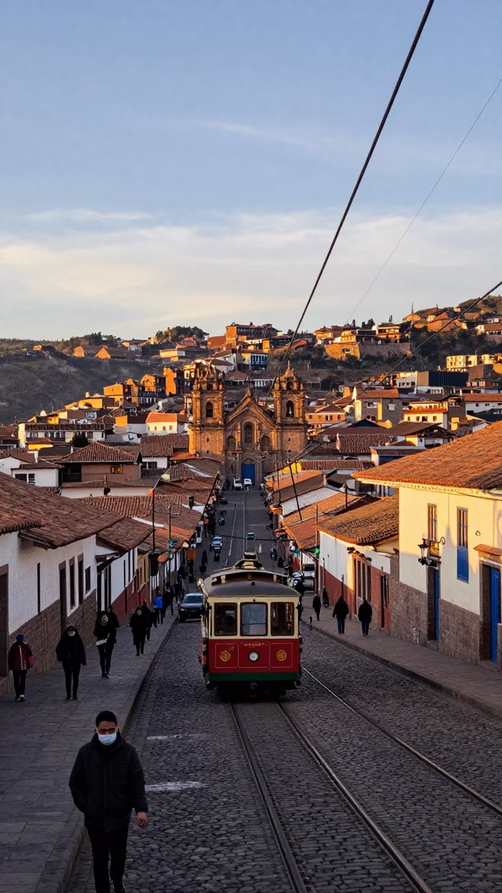 Evening Street Scene in Cusco Peru with Cable Car and Local Life in in Cusco, Peru