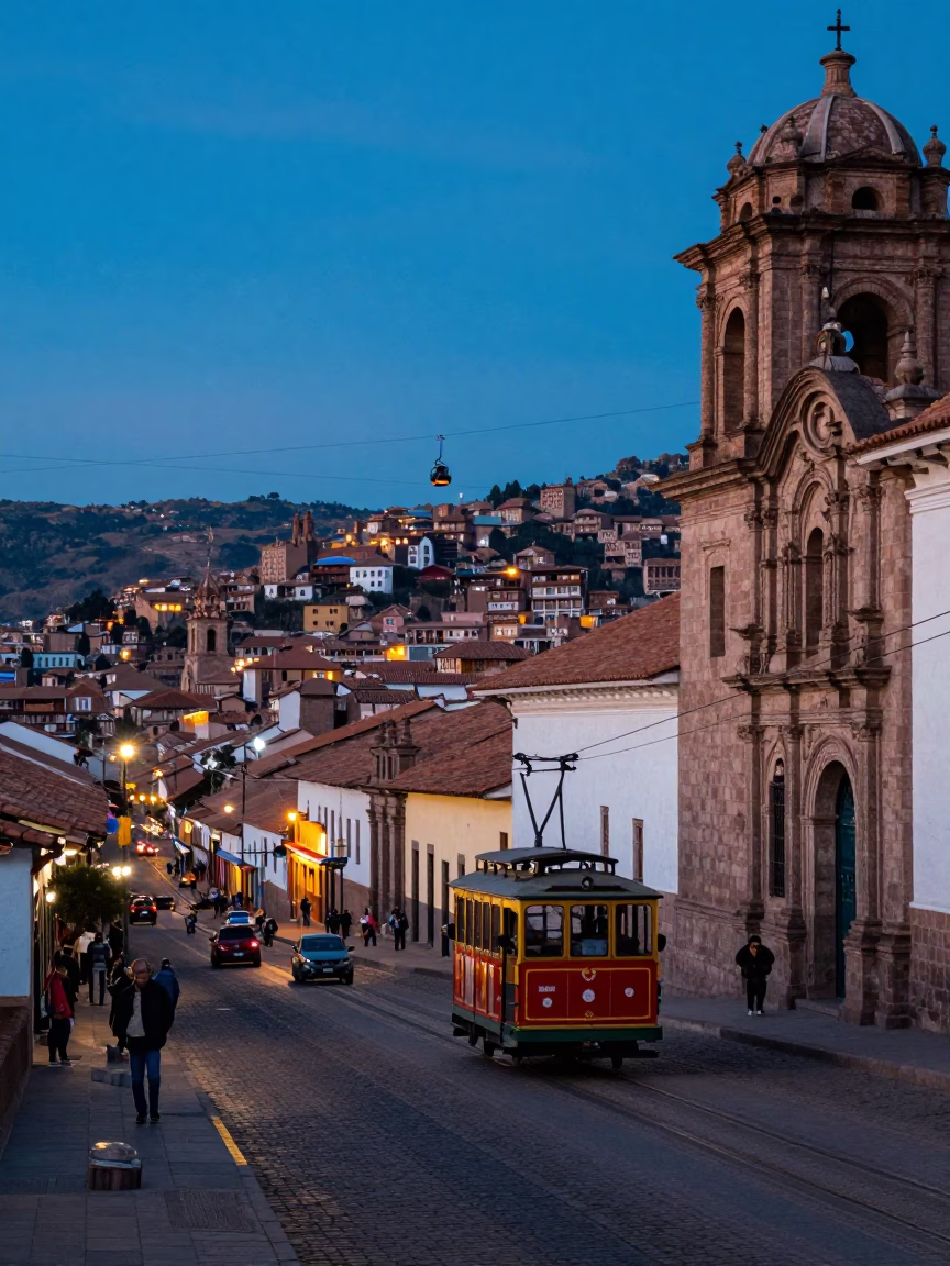 Evening Street Scene in Cusco Peru with Cable Car and Local Vendor in in Cusco, Peru