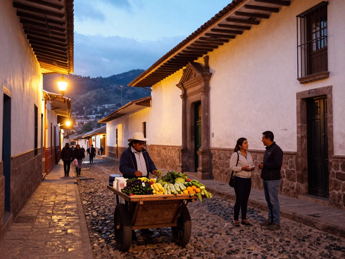Evening street scene in Cusco Peru with colonial architecture and local commerce in in Cusco, Peru