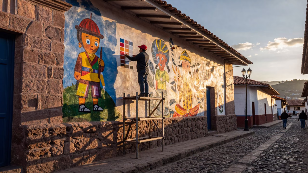 Evening Street Scene in Cusco Peru with Colorful Muralist Painting and Local Life in in Cusco, Peru