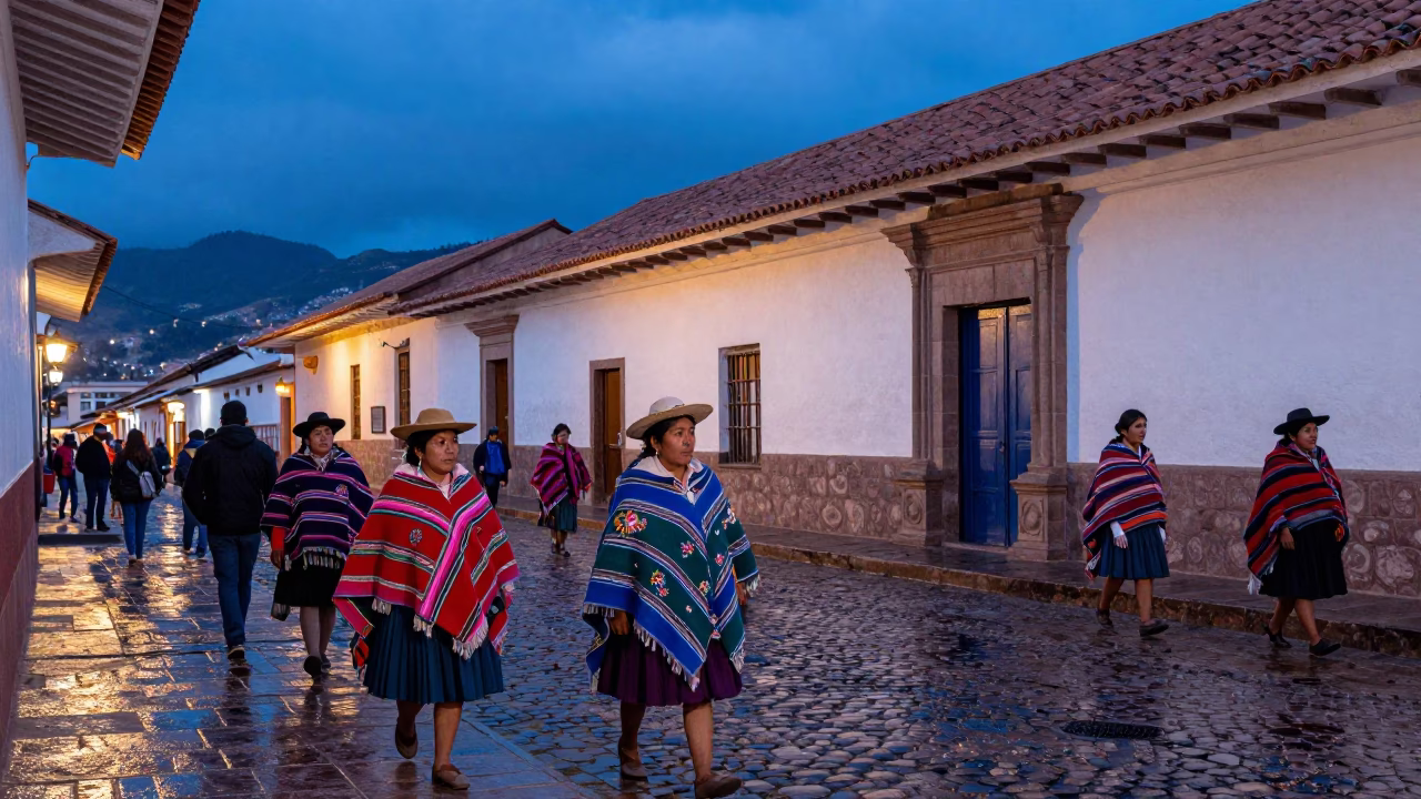 Evening street scene in Cusco Peru with colorful ponchos and colonial architecture in in Cusco, Peru