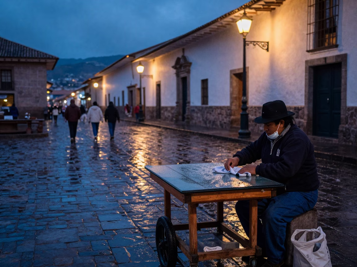 Evening street scene in Cusco Peru with condensation on a table and stone architecture in in Cusco, Peru