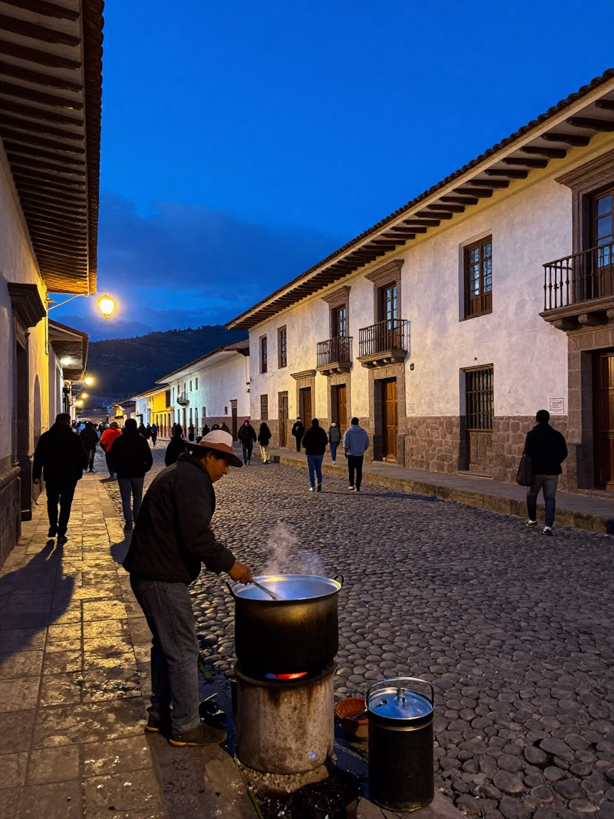 Evening Street Scene in Cusco Peru with Cooking Pot and Cobblestone Plaza in in Cusco, Peru