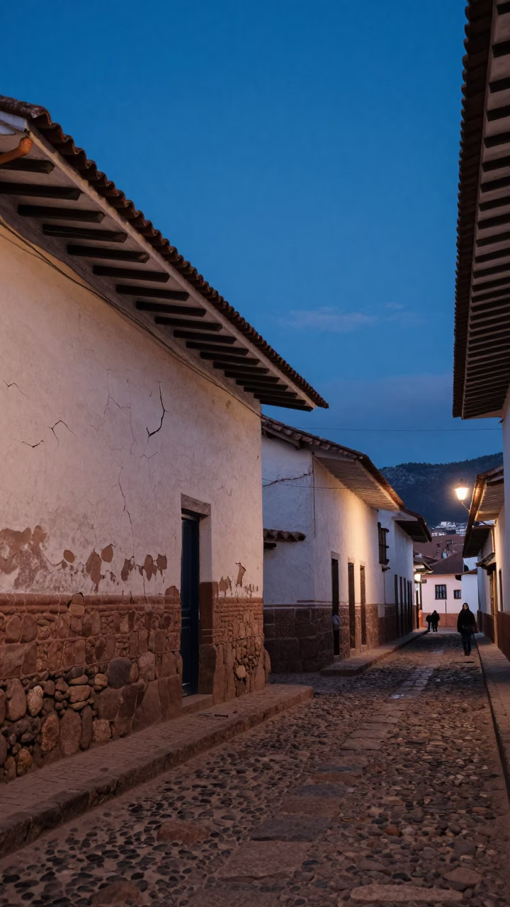 Evening Street Scene in Cusco Peru with Cracked Stucco and Local Life in in Cusco, Peru