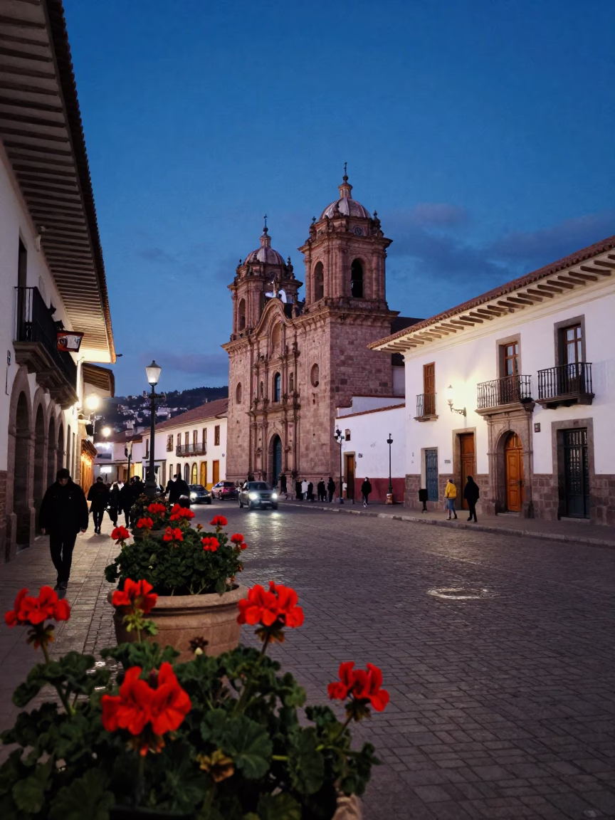 Evening Street Scene in Cusco Peru with Geraniums and Colonial Architecture in in Cusco, Peru