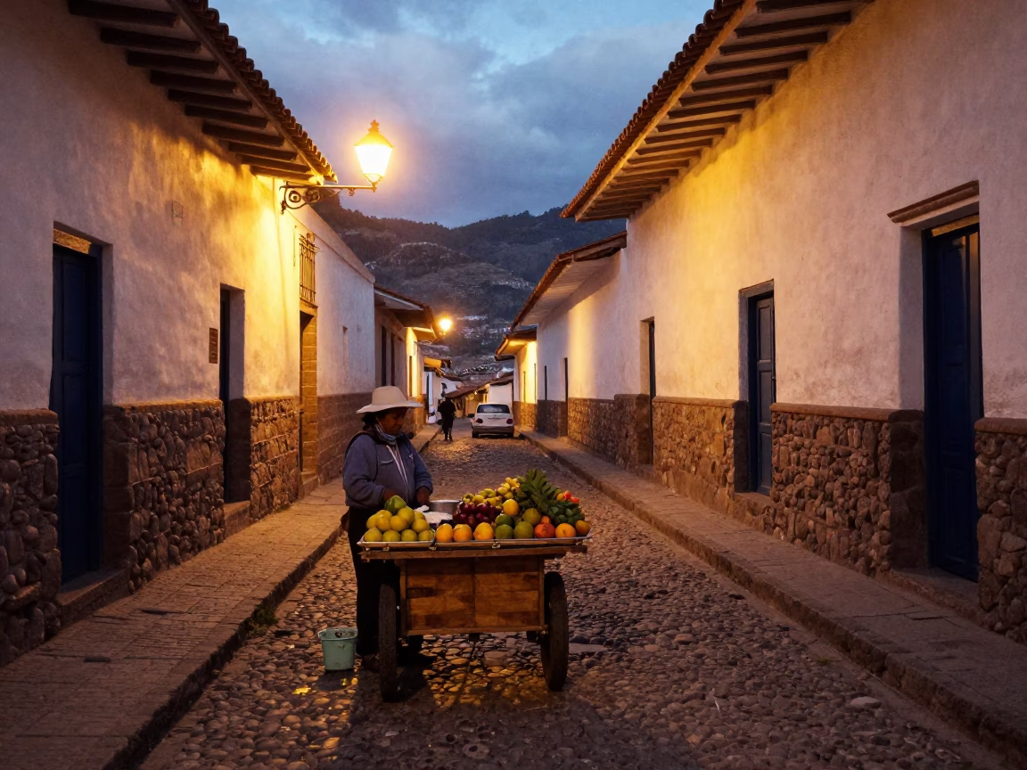 Evening Street Scene in Cusco Peru With Local Vendor And Traditional Stone Architecture in in Cusco, Peru