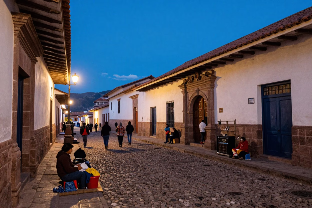 Evening Street Scene in Cusco Peru with Local Vendors and Traditional Architecture in in Cusco, Peru