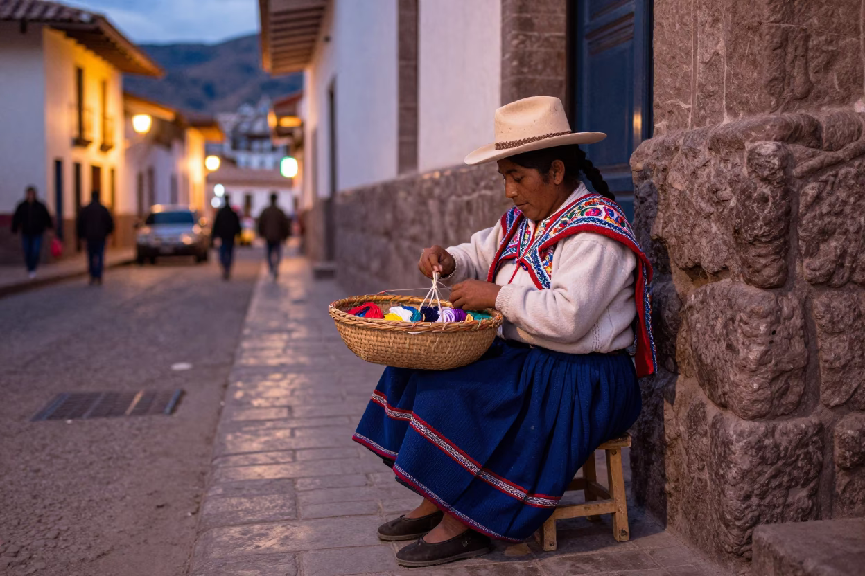 Evening Street Scene in Cusco Peru with Mending Basket and Local Life in in Cusco, Peru