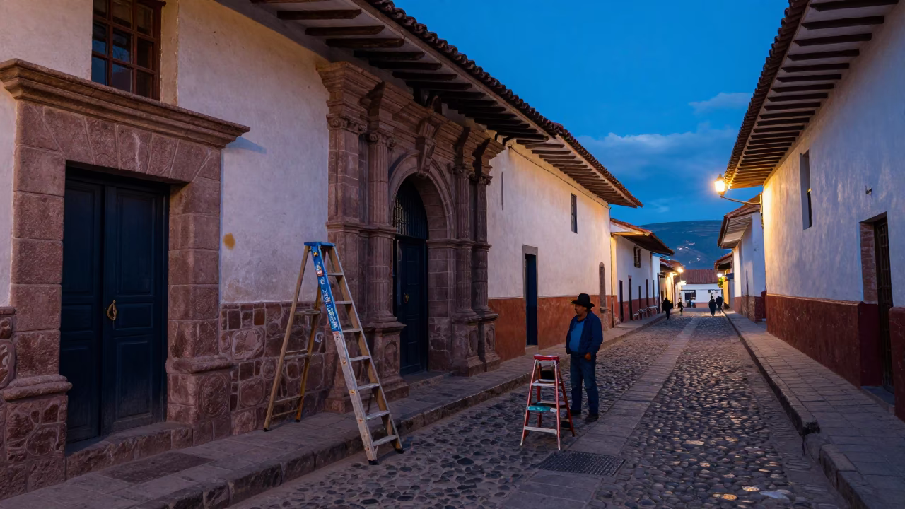 Evening Street Scene in Cusco Peru with Step Ladder and Traditional Architecture in in Cusco, Peru