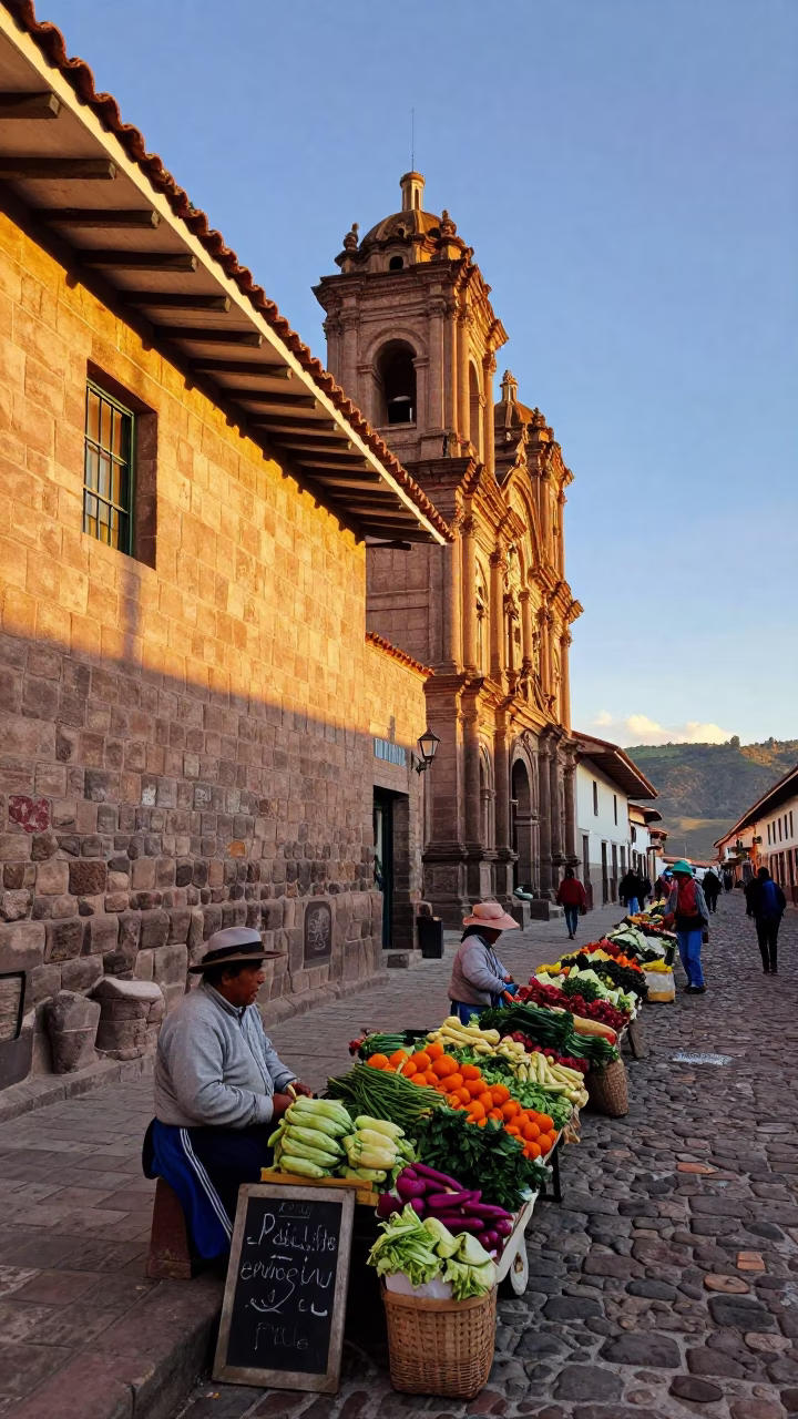 Evening Street Scene in Cusco Peru with Stone Walls and Local Life in in Cusco, Peru