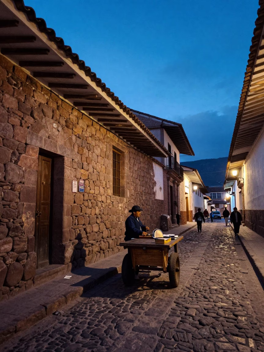 Evening street scene in Cusco Peru with stone walls and local market activity in in Cusco, Peru
