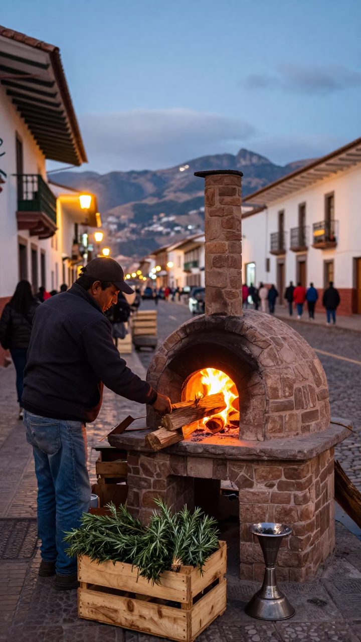 Evening Street Scene in Cusco Peru with Tandoor Oven and Taper Candle in in Cusco, Peru