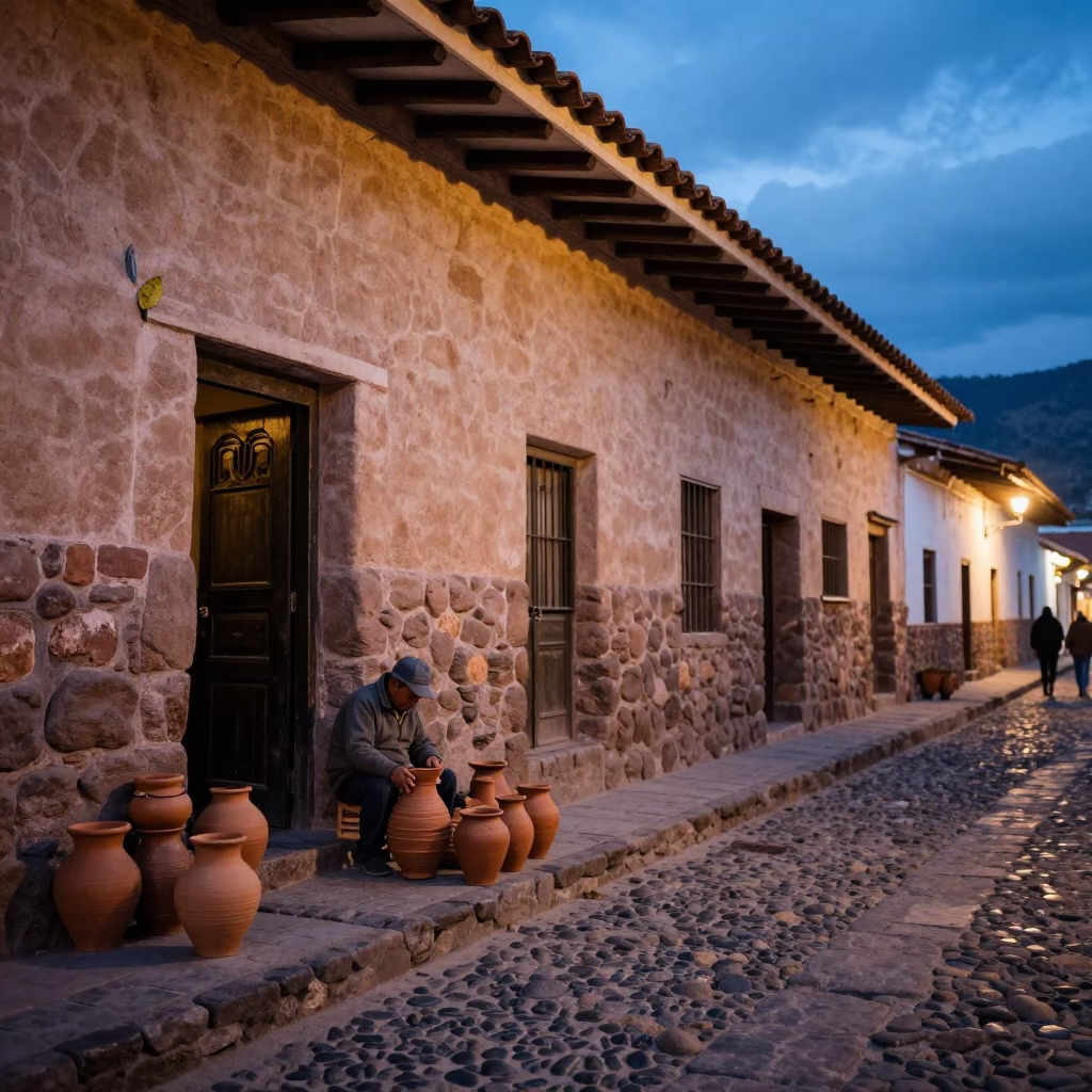 Evening street scene in Cusco Peru with terracotta pots and leaf shadows in in Cusco, Peru