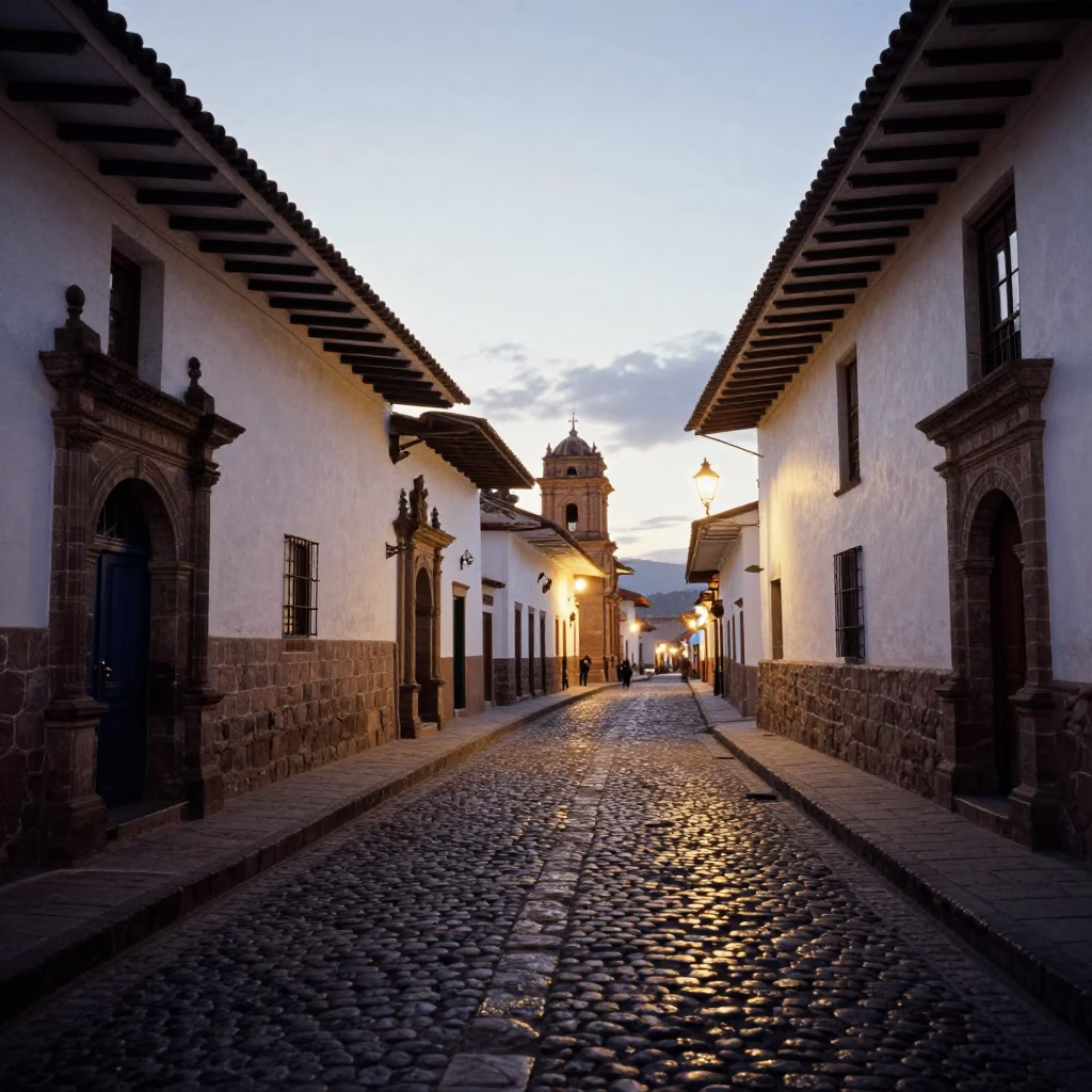 Evening Street Scene in Cusco Peru with Traditional Architecture and Local Life in in Cusco, Peru