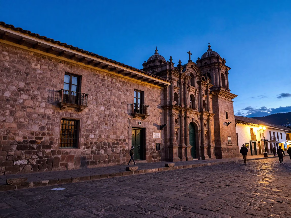 Evening Street Scene in Cusco Peru with Traditional Stone Architecture and Local Life in in Cusco, Peru