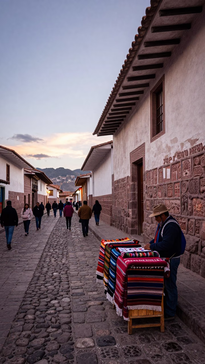 Evening street scene in Cusco Peru with traditional textiles and local vendors in in Cusco, Peru