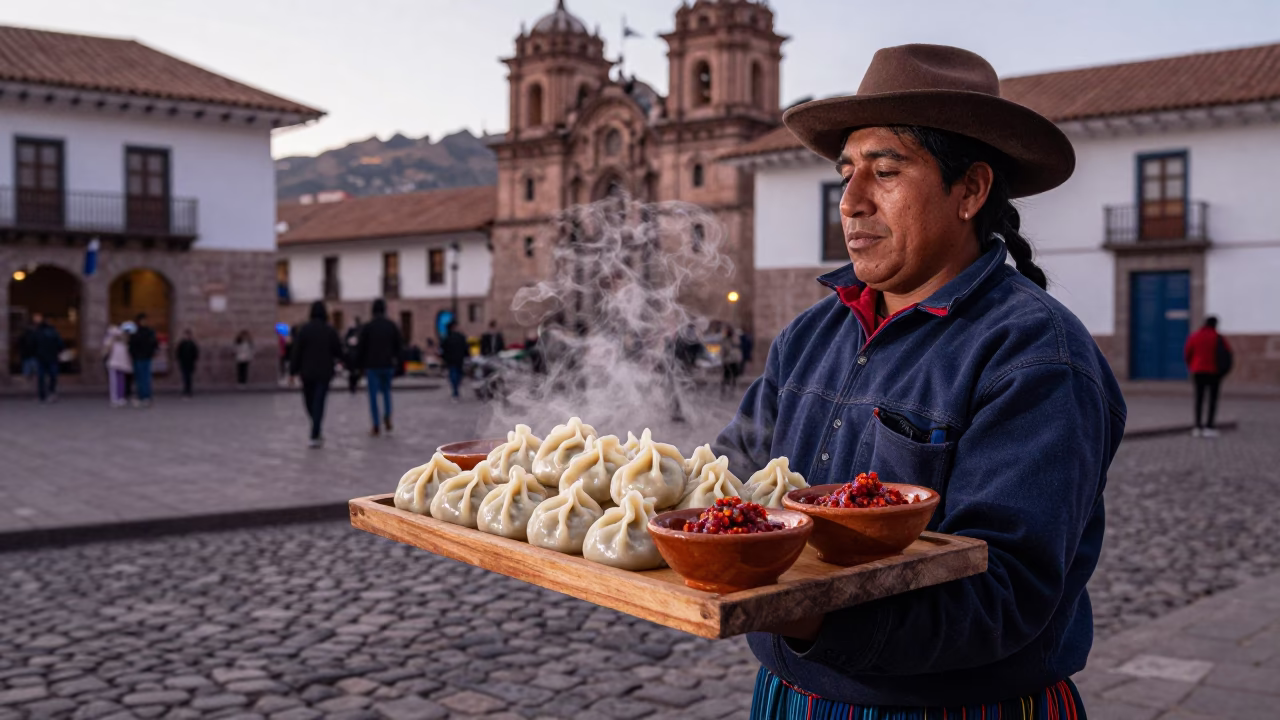 Evening Street Scene in Cusco Peru with Tray of Momos and Spicy Chutney in in Cusco, Peru