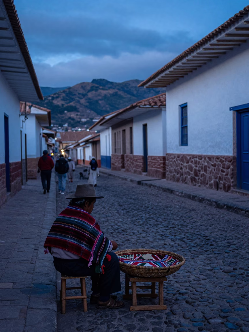 Evening Street Scene in Cusco Peru with Vintage Blankets and Local Market Activity in in Cusco, Peru
