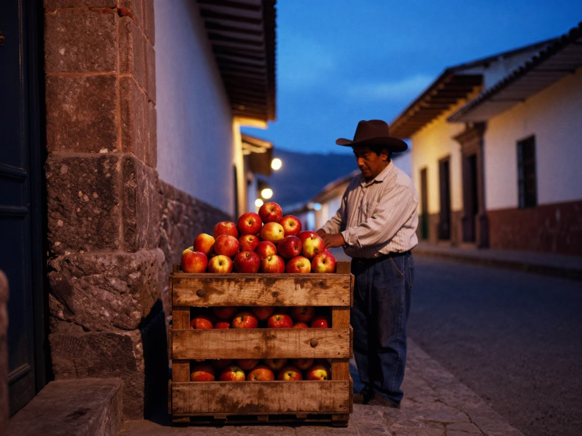 Evening Street Scene in Cusco Peru with Wooden Crate and Traditional Bowl in in Cusco, Peru