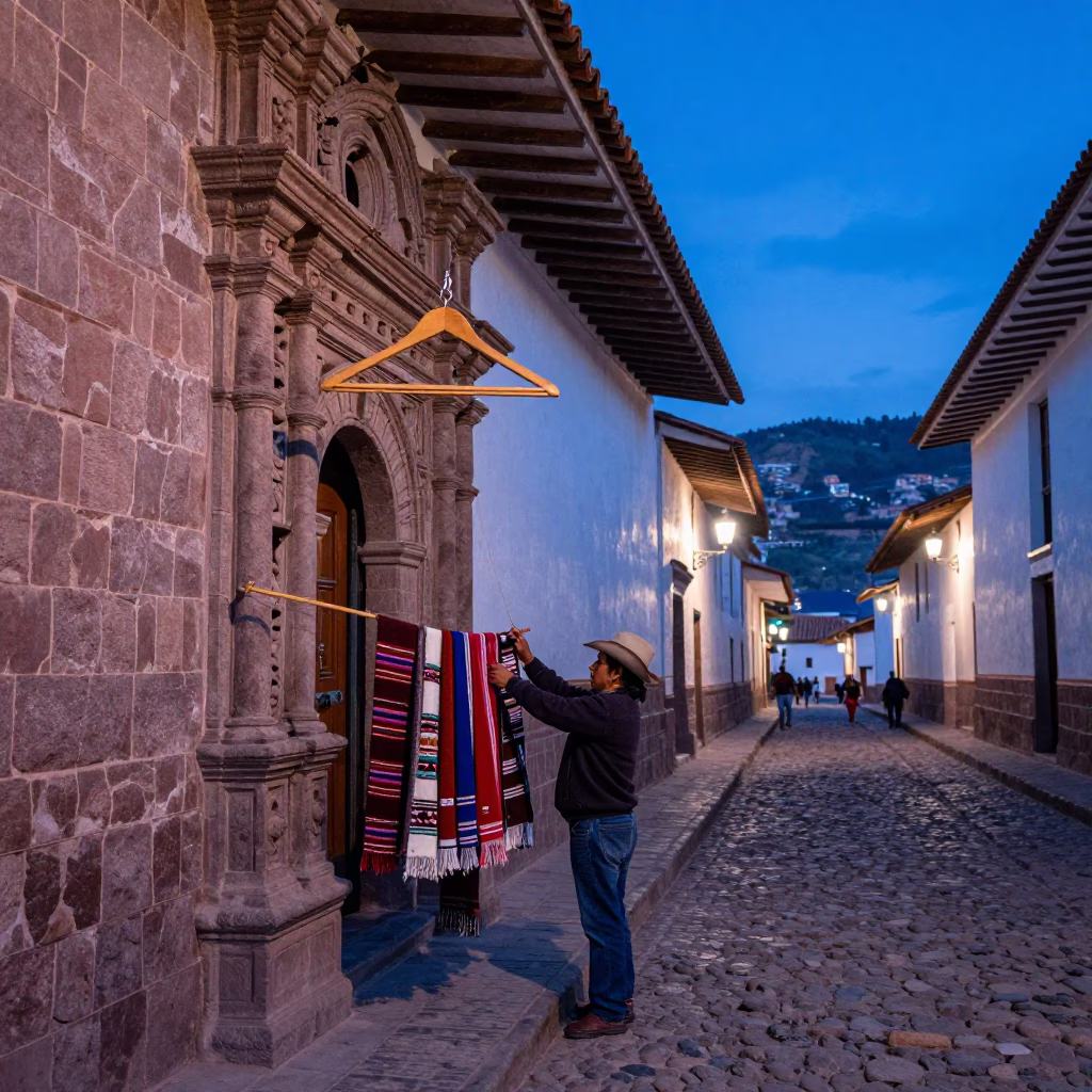 Evening Street Scene in Cusco Peru with Wooden Hanger and Local Life in in Cusco, Peru